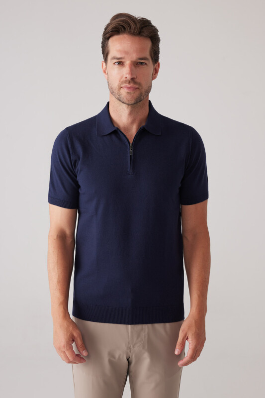 Erkek Koyu Lacivert Slim Fit Yarım Fermuarlı Pamuk-Kaşmir Polo Tişört