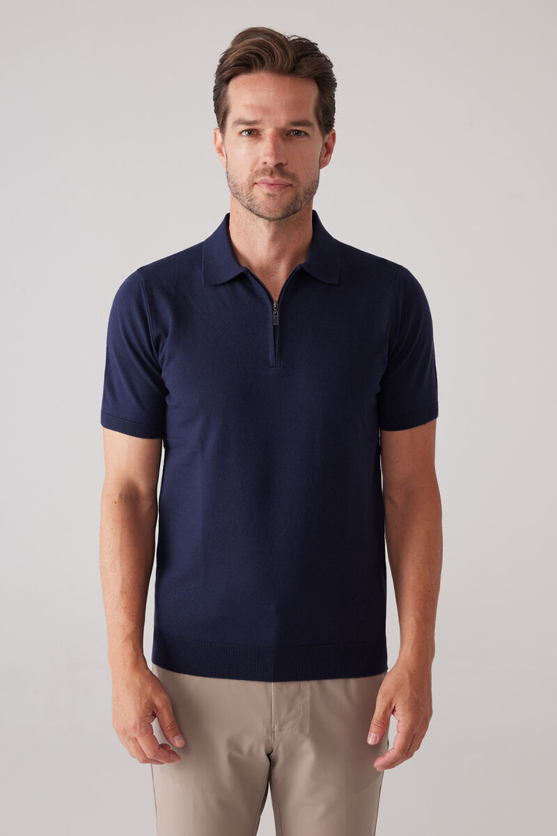 Erkek Koyu Lacivert Slim Fit Yarım Fermuarlı Pamuk-Kaşmir Polo Tişört - 1