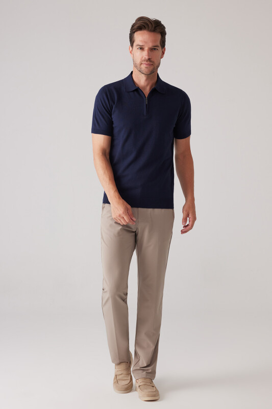 Erkek Koyu Lacivert Slim Fit Yarım Fermuarlı Pamuk-Kaşmir Polo Tişört