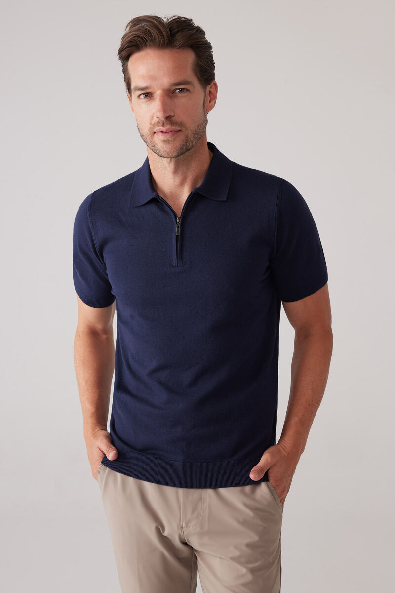 Erkek Koyu Lacivert Slim Fit Yarım Fermuarlı Pamuk-Kaşmir Polo Tişört - 3