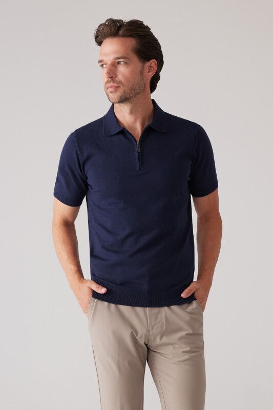 Erkek Koyu Lacivert Slim Fit Yarım Fermuarlı Pamuk-Kaşmir Polo Tişört