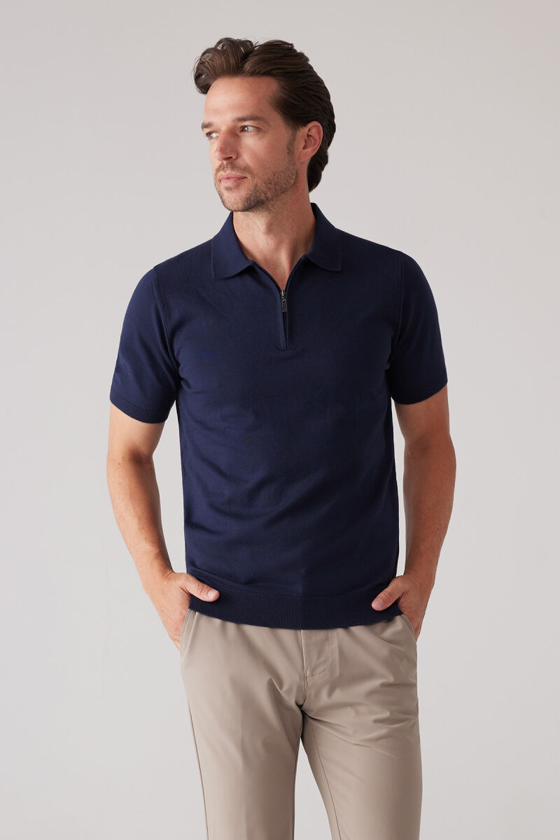 Erkek Koyu Lacivert Slim Fit Yarım Fermuarlı Pamuk-Kaşmir Polo Tişört - 4