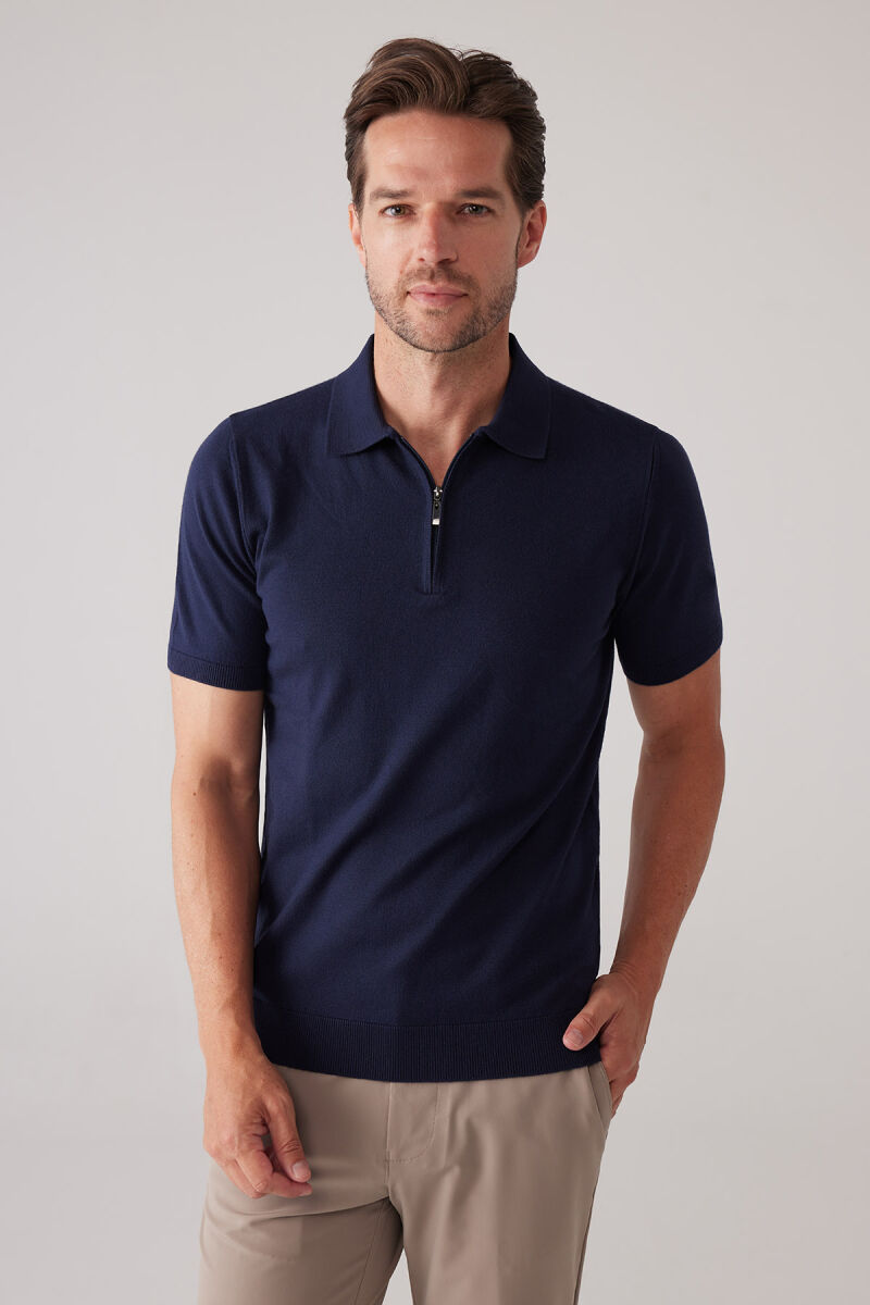Erkek Koyu Lacivert Slim Fit Yarım Fermuarlı Pamuk-Kaşmir Polo Tişört - 5