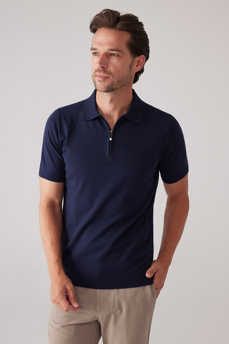 Erkek Koyu Lacivert Slim Fit Yarım Fermuarlı Pamuk-Kaşmir Polo Tişört - 6