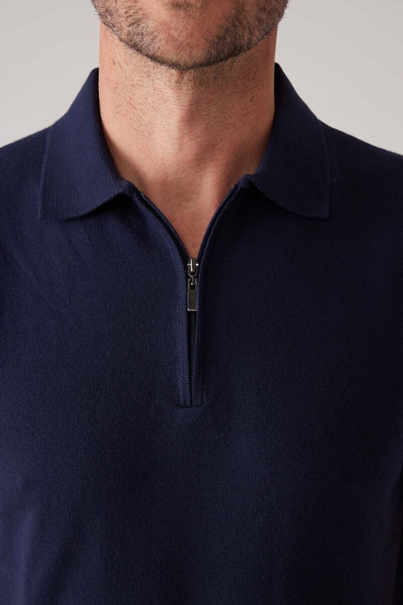 Erkek Koyu Lacivert Slim Fit Yarım Fermuarlı Pamuk-Kaşmir Polo Tişört - 7