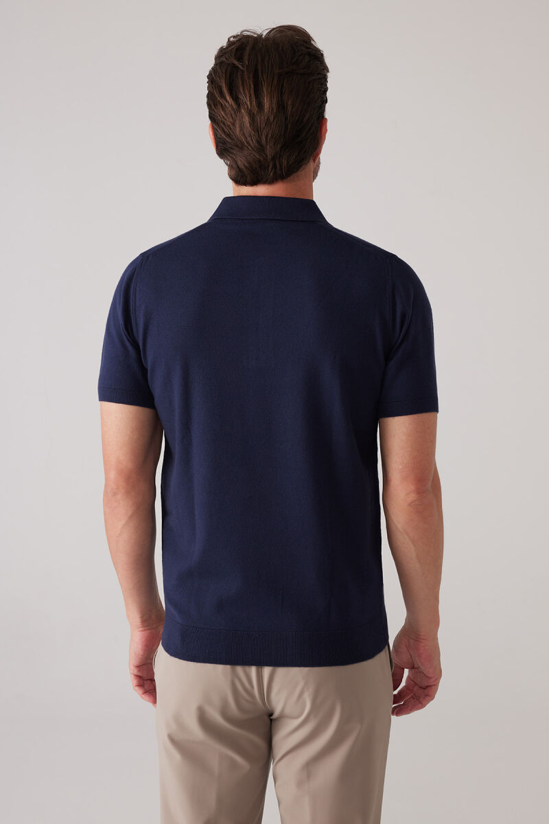 Erkek Koyu Lacivert Slim Fit Yarım Fermuarlı Pamuk-Kaşmir Polo Tişört - 8
