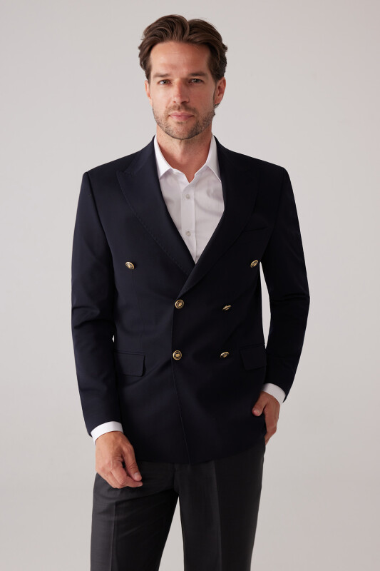 Erkek Koyu Lacivert Slim Fit Yün Puntolu Kruvaze Blazer Ceket