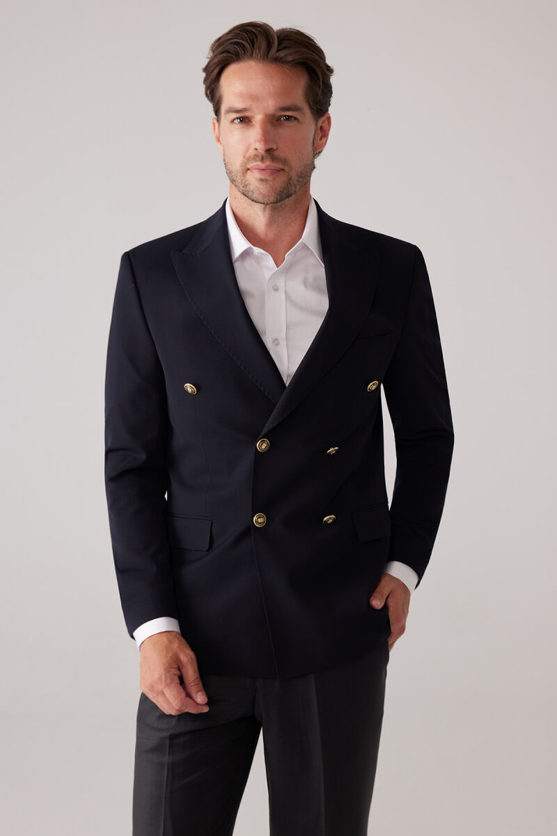 Erkek Koyu Lacivert Slim Fit Yün Puntolu Kruvaze Blazer Ceket - 1