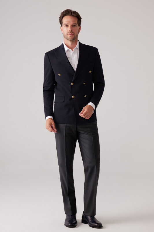 Erkek Koyu Lacivert Slim Fit Yün Puntolu Kruvaze Blazer Ceket