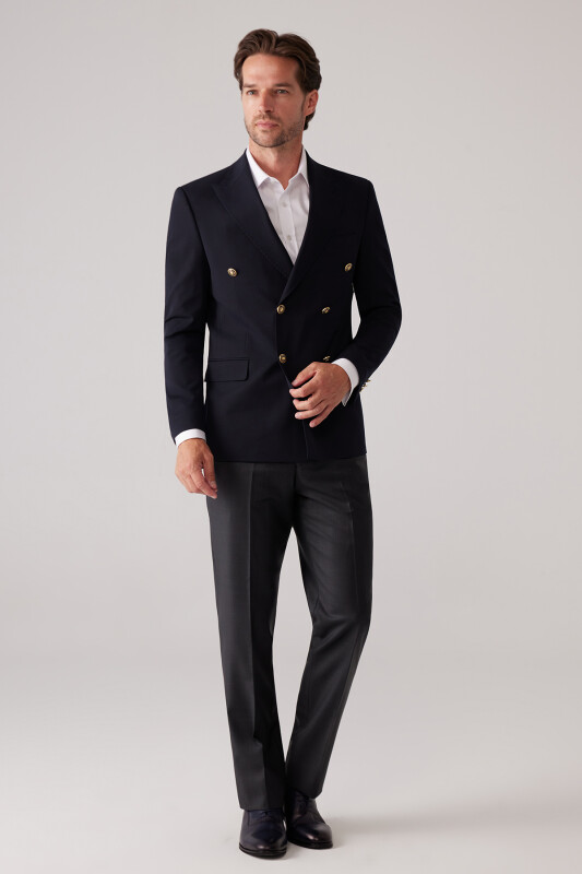 Erkek Koyu Lacivert Slim Fit Yün Puntolu Kruvaze Blazer Ceket