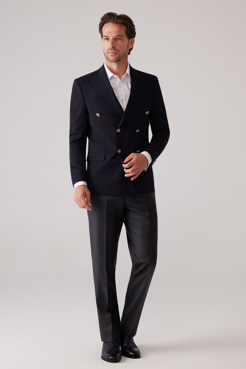 Erkek Koyu Lacivert Slim Fit Yün Puntolu Kruvaze Blazer Ceket - 3