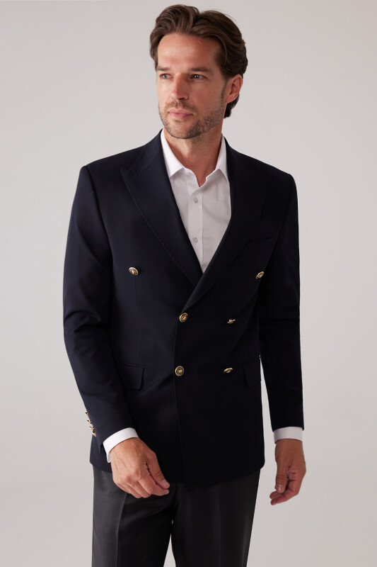 Erkek Koyu Lacivert Slim Fit Yün Puntolu Kruvaze Blazer Ceket