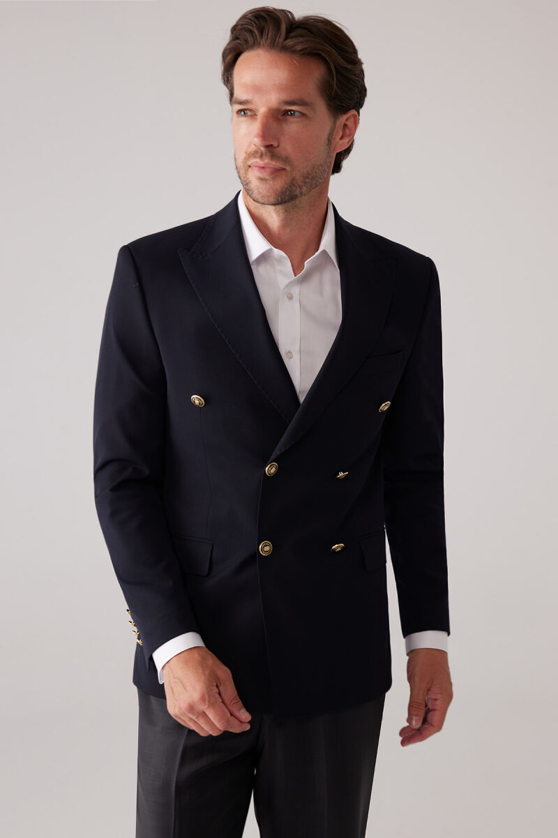 Erkek Koyu Lacivert Slim Fit Yün Puntolu Kruvaze Blazer Ceket - 4