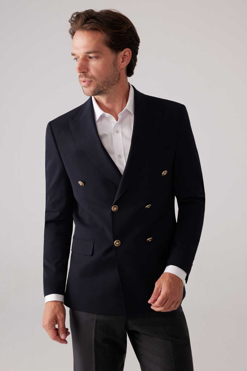 Erkek Koyu Lacivert Slim Fit Yün Puntolu Kruvaze Blazer Ceket - 5