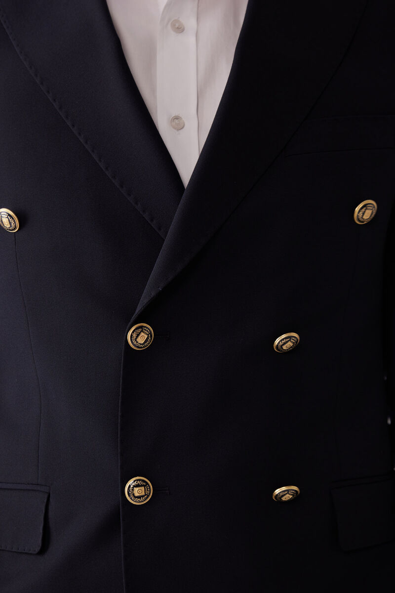 Erkek Koyu Lacivert Slim Fit Yün Puntolu Kruvaze Blazer Ceket - 6