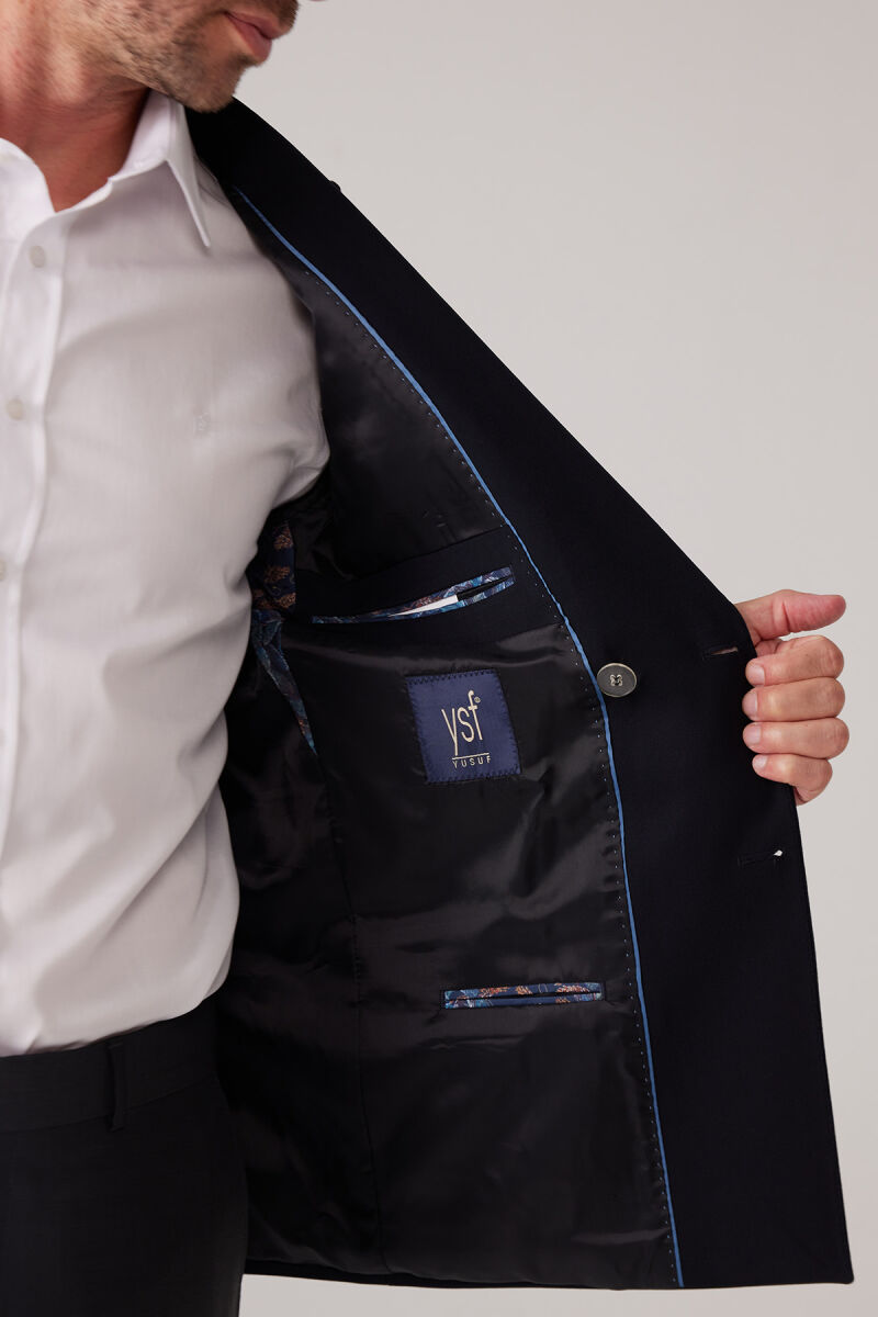 Erkek Koyu Lacivert Slim Fit Yün Puntolu Kruvaze Blazer Ceket - 7