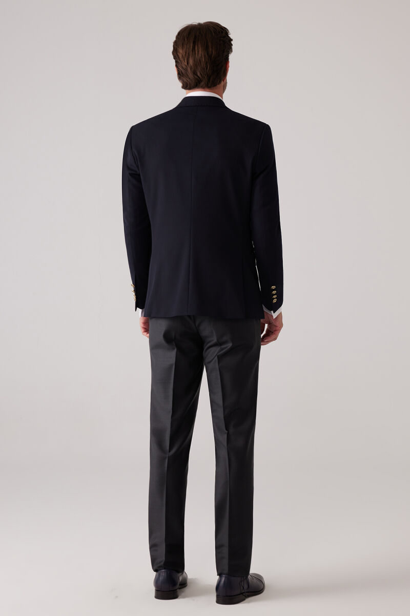 Erkek Koyu Lacivert Slim Fit Yün Puntolu Kruvaze Blazer Ceket - 8
