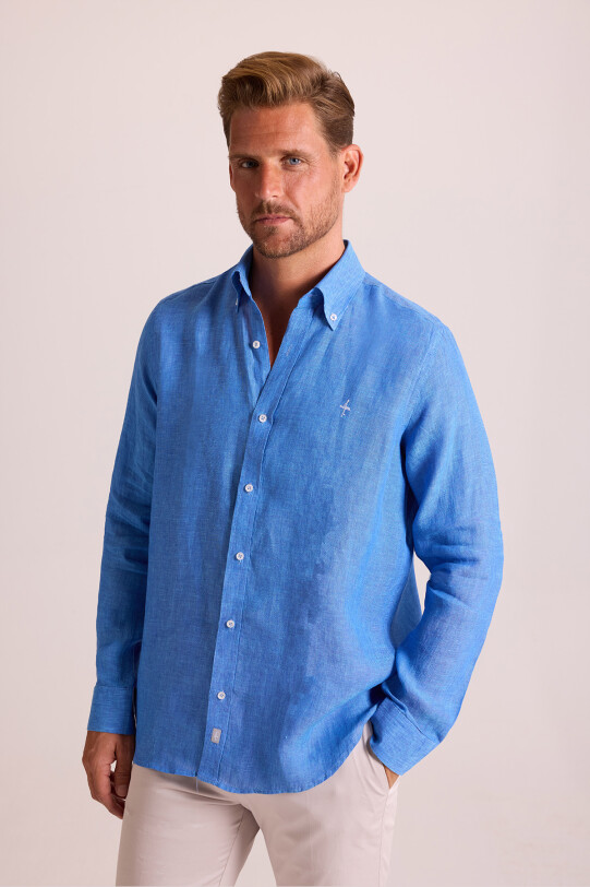 Erkek Koyu Mavi Düz Regular Fit Keten Gömlek