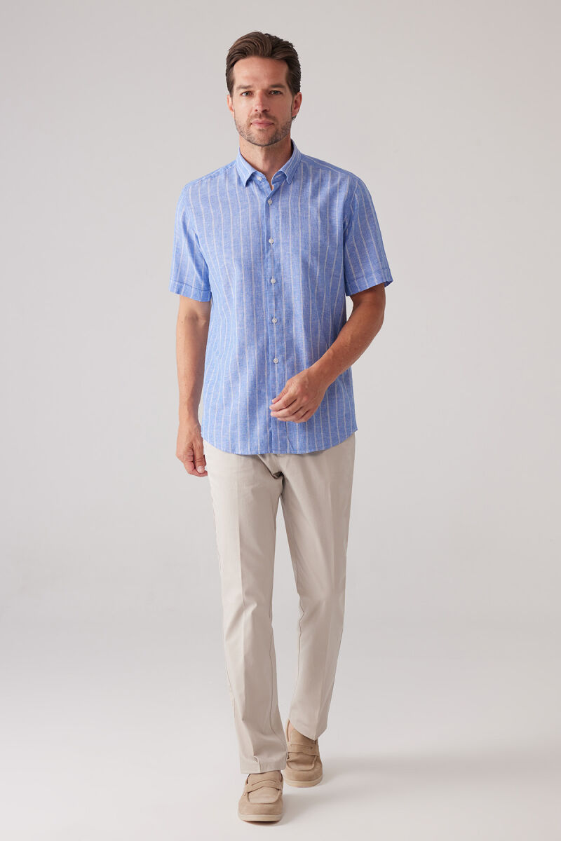 Erkek Koyu Mavi Slim Fit Pamuk Keten Karışımlı Çizgili Gömlek - 3