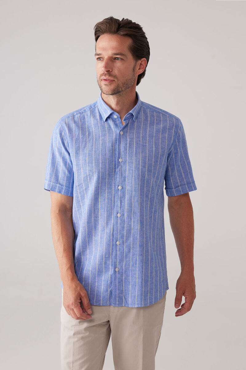Erkek Koyu Mavi Slim Fit Pamuk Keten Karışımlı Çizgili Gömlek - 5