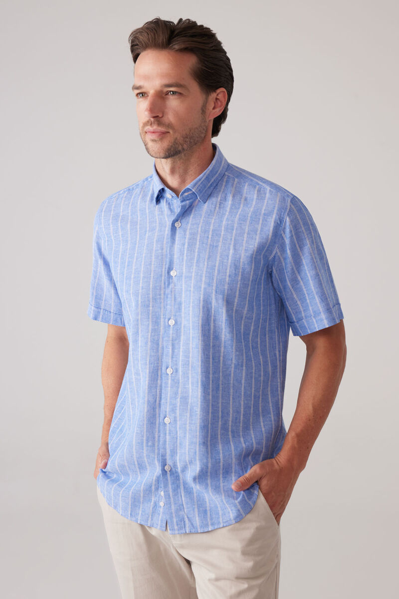 Erkek Koyu Mavi Slim Fit Pamuk Keten Karışımlı Çizgili Gömlek - 6
