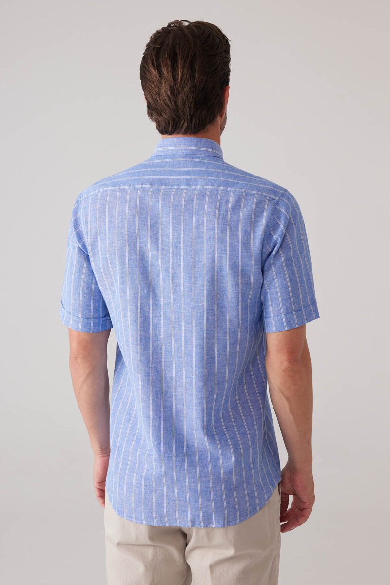 Erkek Koyu Mavi Slim Fit Pamuk Keten Karışımlı Çizgili Gömlek - 8
