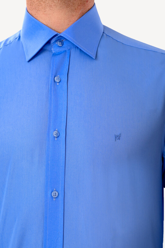 Erkek Koyu Mavi Uzun Kol Silim Fit Saten Gömlek