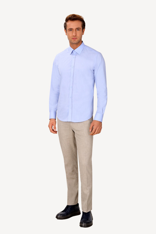 Erkek Koyu Mavi Yarım İtalyan Slim Fit Uzun Kol Gömlek