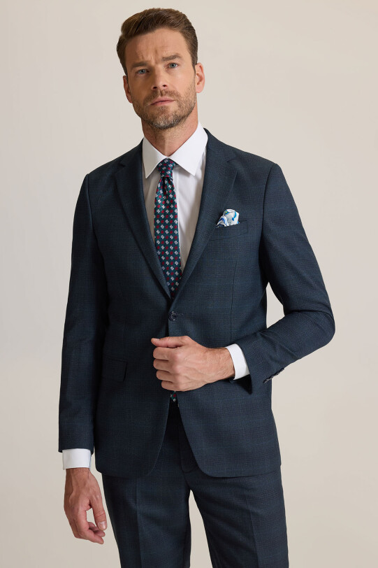 Erkek Koyu Yeşil Regular Fit Mono Yaka %100 Yünlü Takım Elbise