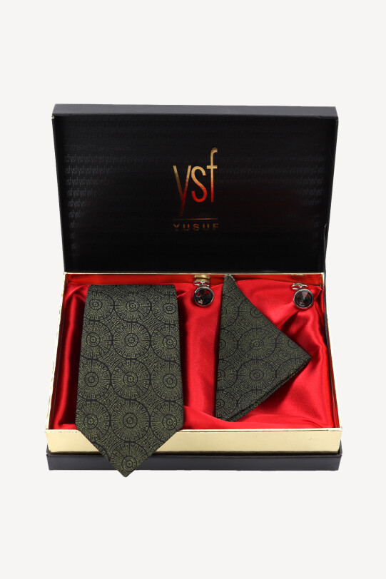 Erkek Yeşil Kravat Mendil Kol Düğmesi Set - YSF