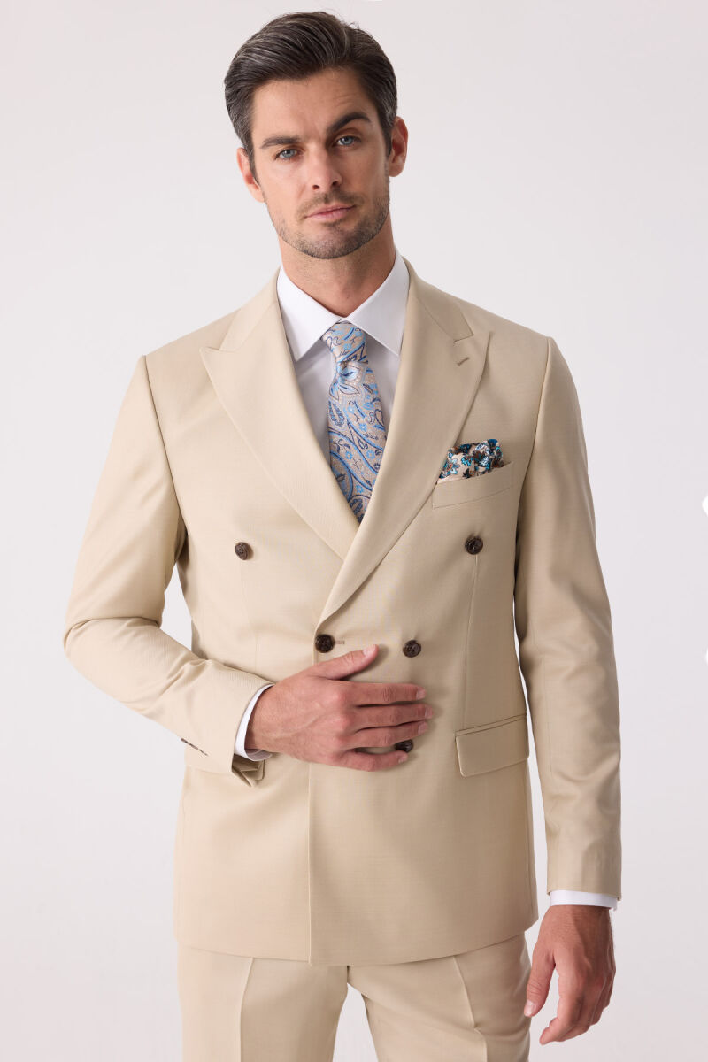 Erkek Krem Erkek Krem Slim Fit Yün Kruvaze Takım Elbise - 1