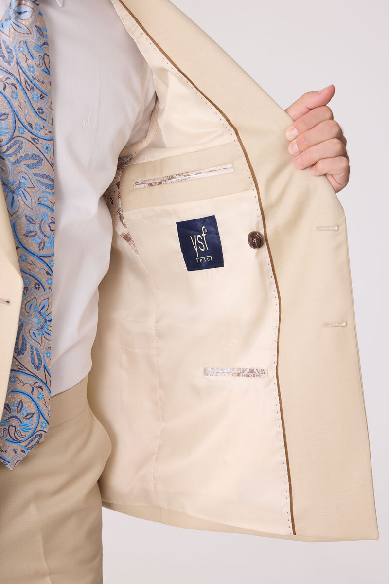 Erkek Krem Erkek Krem Slim Fit Yün Kruvaze Takım Elbise - 11