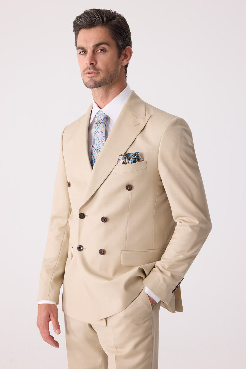 Erkek Krem Erkek Krem Slim Fit Yün Kruvaze Takım Elbise - 2