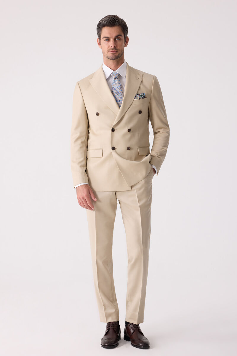 Erkek Krem Erkek Krem Slim Fit Yün Kruvaze Takım Elbise - 3