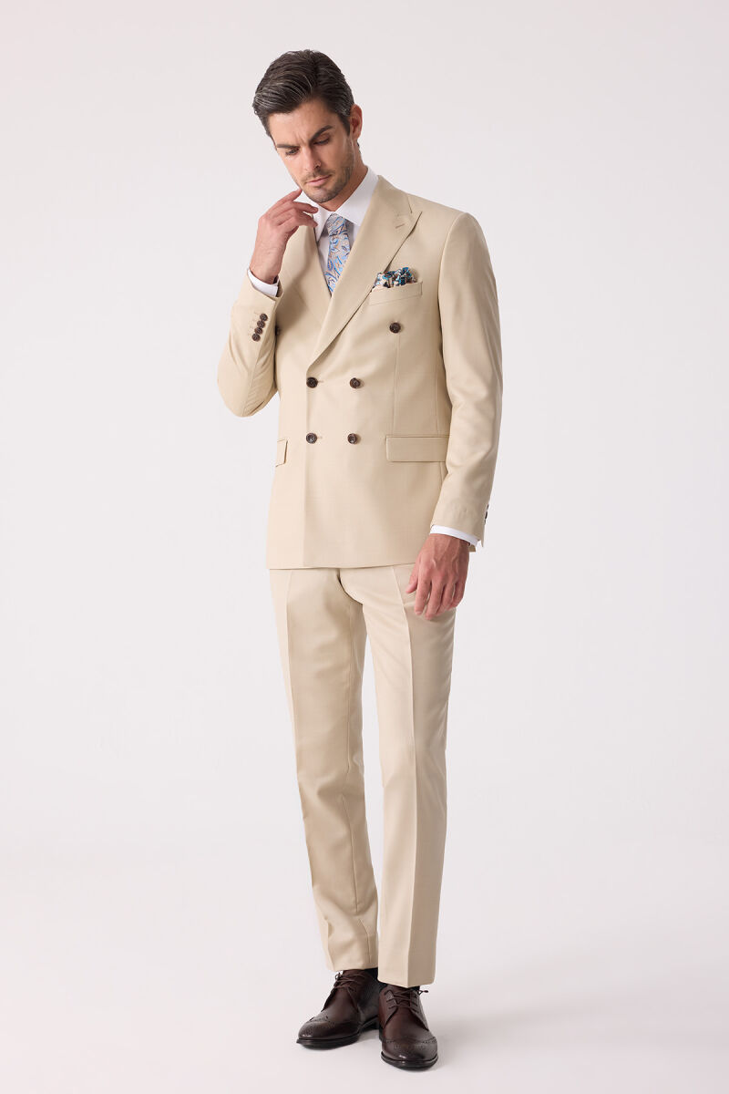 Erkek Krem Erkek Krem Slim Fit Yün Kruvaze Takım Elbise - 4
