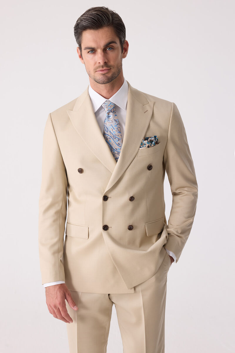 Erkek Krem Erkek Krem Slim Fit Yün Kruvaze Takım Elbise - 5