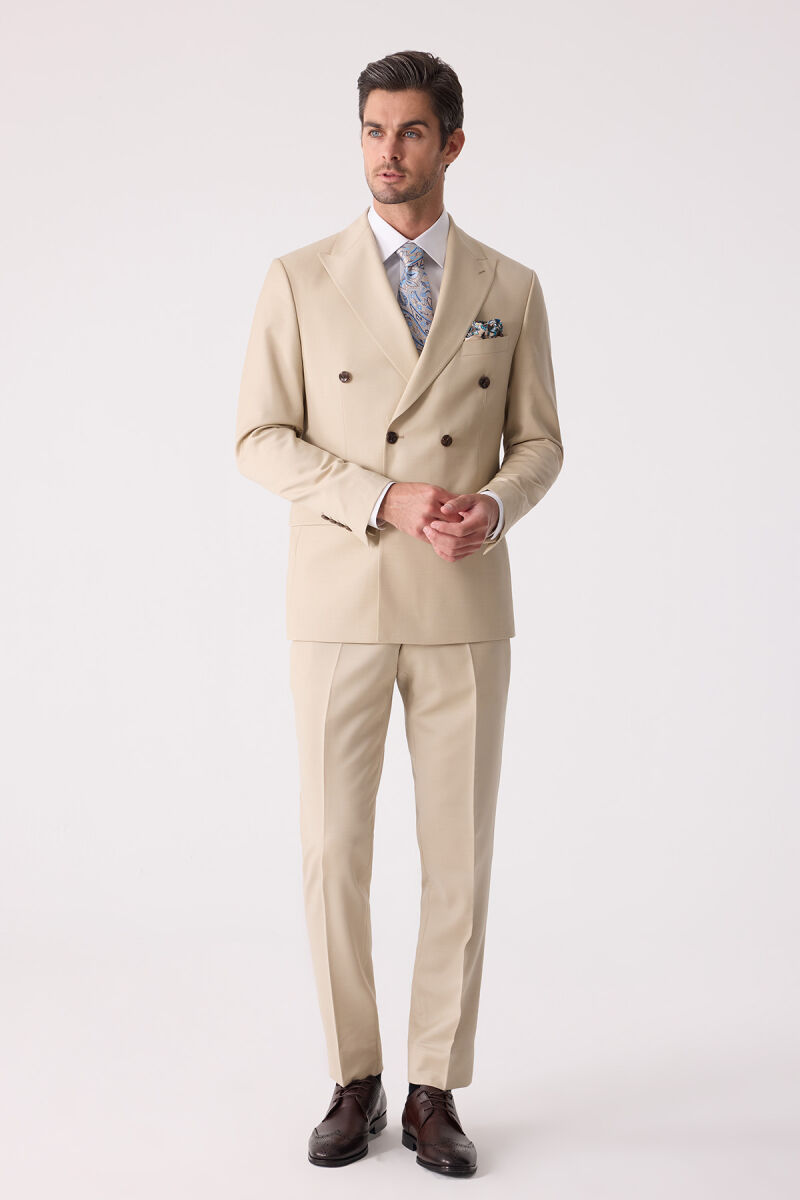 Erkek Krem Erkek Krem Slim Fit Yün Kruvaze Takım Elbise - 6