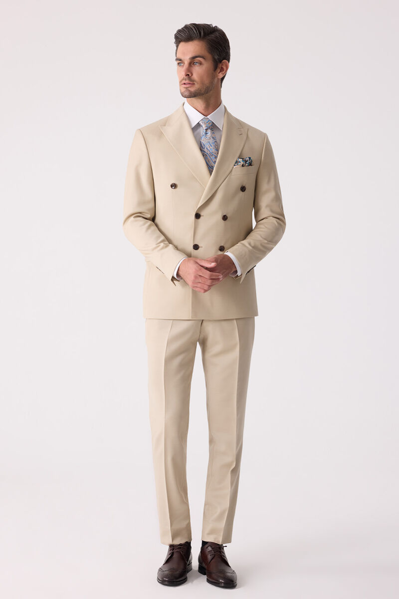 Erkek Krem Erkek Krem Slim Fit Yün Kruvaze Takım Elbise - 7