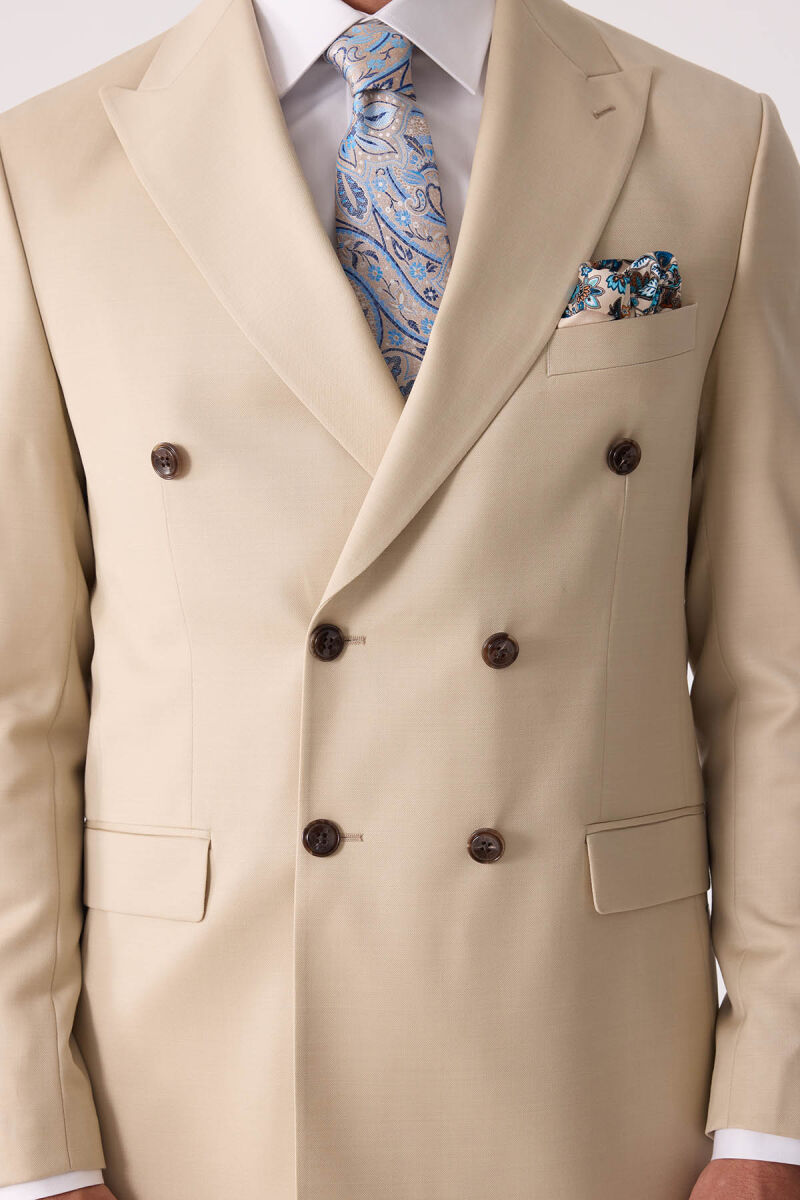 Erkek Krem Erkek Krem Slim Fit Yün Kruvaze Takım Elbise - 8