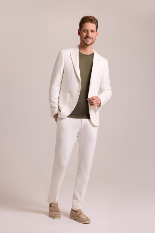 Erkek Krem Regular Fit Beli Lastikli Balık Sırtı Desenli Takım Elbise