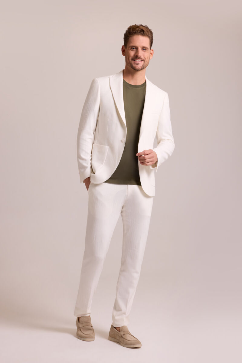 Erkek Krem Regular Fit Beli Lastikli Balık Sırtı Desenli Takım Elbise - 1