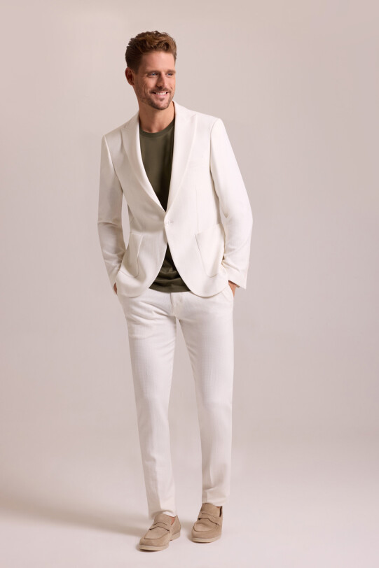 Erkek Krem Regular Fit Beli Lastikli Balık Sırtı Desenli Takım Elbise