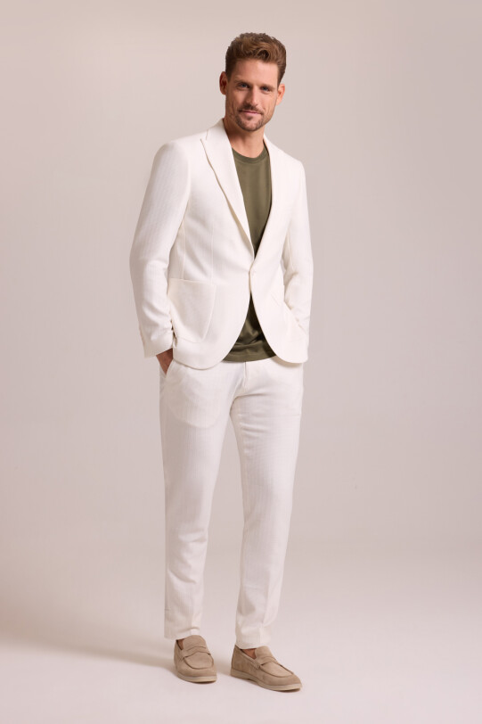 Erkek Krem Regular Fit Beli Lastikli Balık Sırtı Desenli Takım Elbise