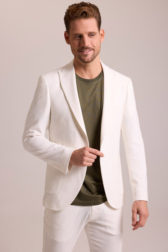 Erkek Krem Regular Fit Beli Lastikli Balık Sırtı Desenli Takım Elbise