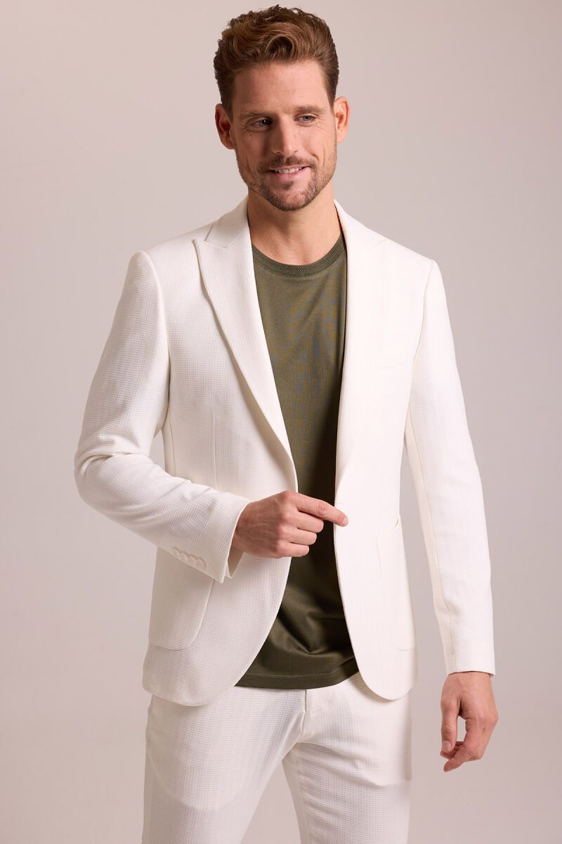 Erkek Krem Regular Fit Beli Lastikli Balık Sırtı Desenli Takım Elbise - 4