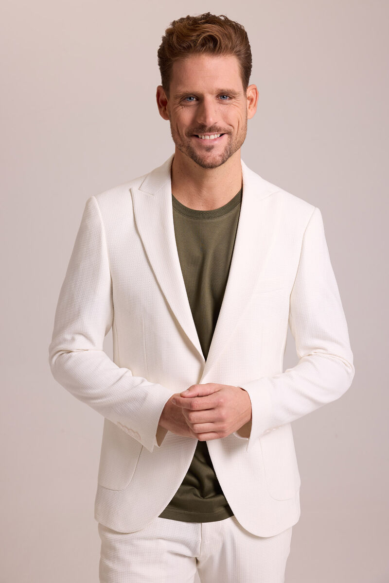 Erkek Krem Regular Fit Beli Lastikli Balık Sırtı Desenli Takım Elbise - 5