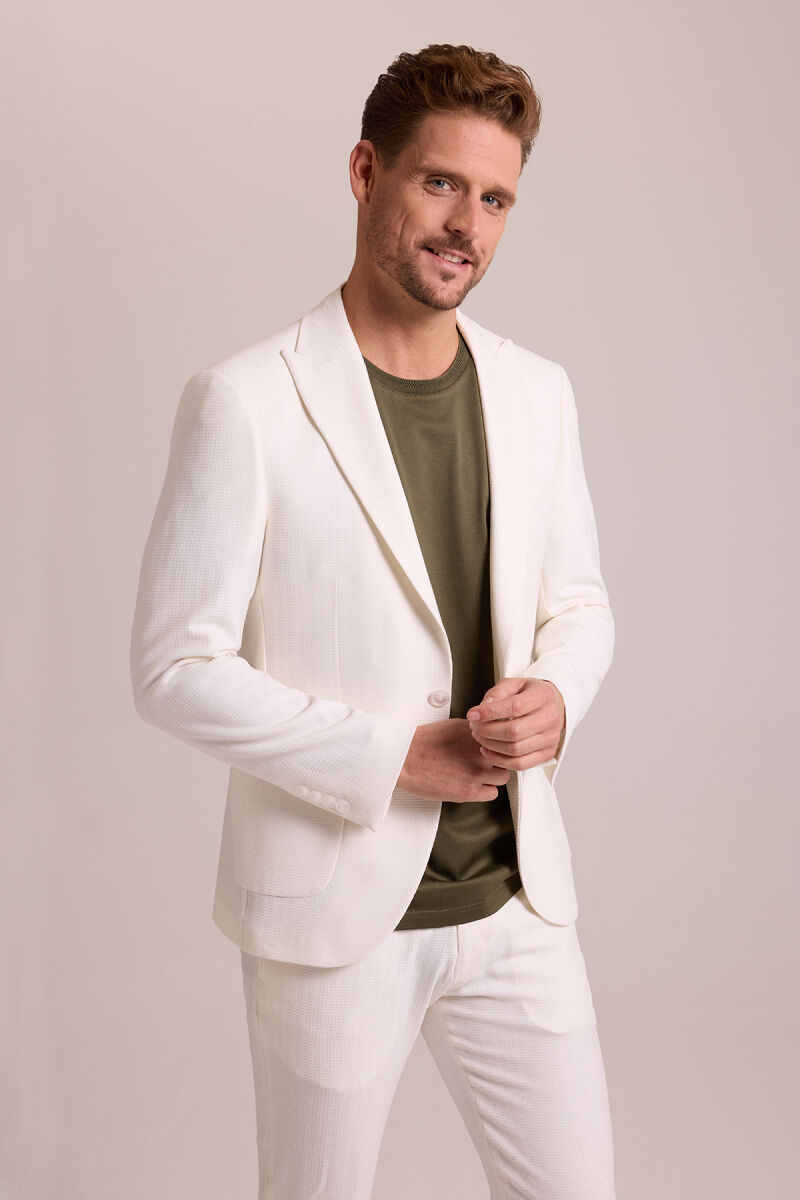 Erkek Krem Regular Fit Beli Lastikli Balık Sırtı Desenli Takım Elbise - 6