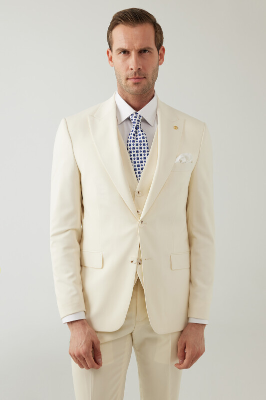 Erkek Krem Slim Fit %100 Yün Yelekli Sivri Yaka Takım Elbise