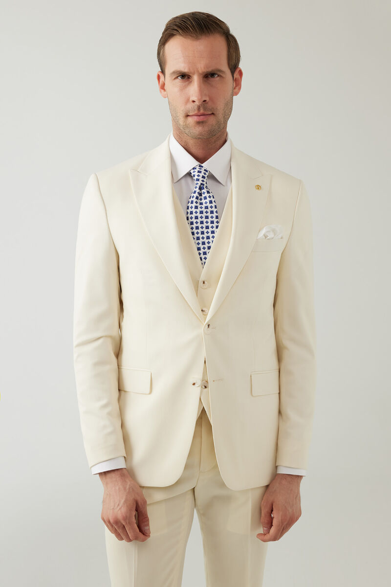 Erkek Krem Slim Fit %100 Yün Yelekli Sivri Yaka Takım Elbise - 1