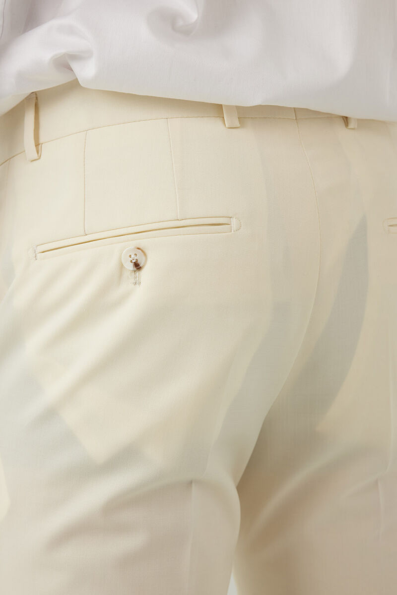 Erkek Krem Slim Fit %100 Yün Yelekli Sivri Yaka Takım Elbise - 11